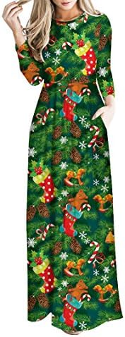 Women's 3/4 Sleeve Stretch Christmas Print Costume Long Maxi Dress