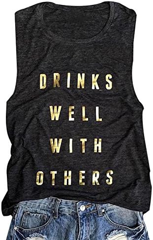HDLTE Women Drinks Well with Others Tank Racerback Sleeveless T-Shirt Tops (Dark Gray, L)