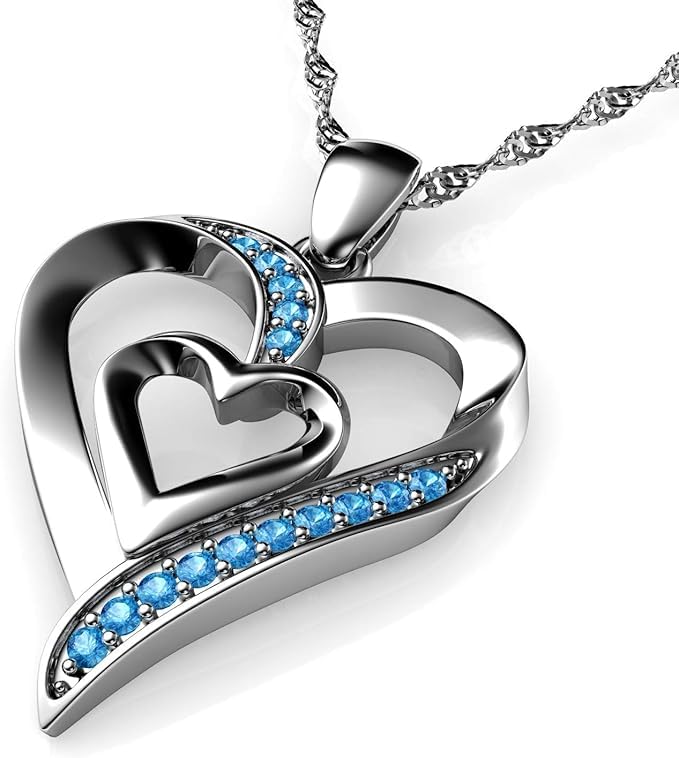 DEPHINI - Heart Necklace - 925 sterling silver Double Hearts Pendant - Cubic Zirconia - Jewellery for Women (Aqua 3)