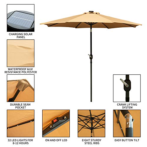 Ainfox 9ft Solar Patio Umbrella with LED Light, Steel Umbrella Ribs Waterproof Prevent Bask in for Garden, Indoor, Outdoor Use Without Base (Brown)