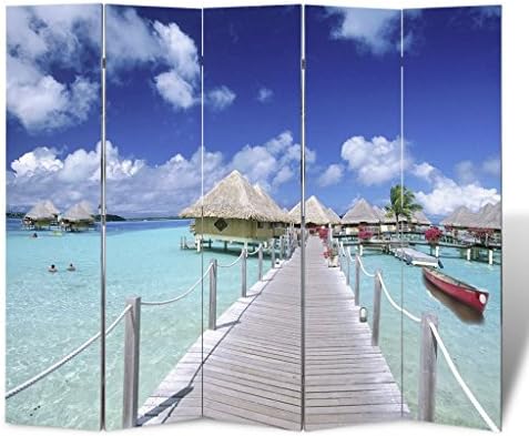 5-Panel Wooden Room Divider Screen Folding Double Sided Different Beach Print