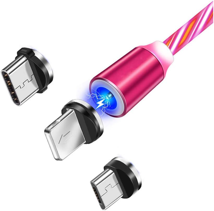 UGI 6.6ft Magnetic 3 in 1 LED Flowing Light Cable with 360 Degree Rotary Type C, Micro USB, i- Product Connectors for iOS and Android Devices, Red