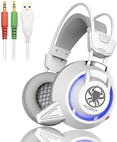 Stylish Stereo Gaming Headset with Microphone Wired USB Gaming Over Ear Headphone with Bass and LED Lighting for PC Computer (White)