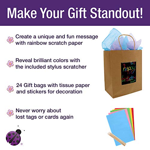 24 Brown Kraft Paper Gift Bags with Scratch Paper Panel for Customization, Tissue Paper Included! Unique Bulk Paper Bags with Handles are Great as Small Gift Bags, Party Favor Bags & Kraft Paper Bags
