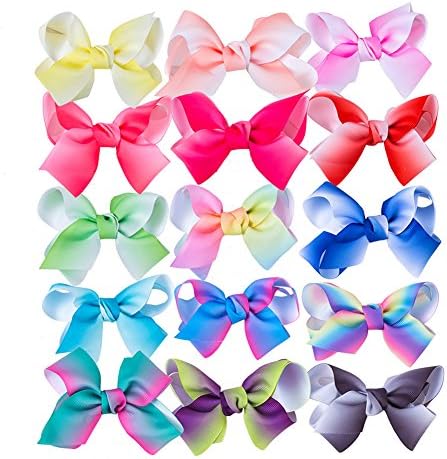4.5" Hair Bows Clips Big Ribbon Boutique Bow for Girls Teens Kids Toddler Children Pack of 15 (Rainbow)
