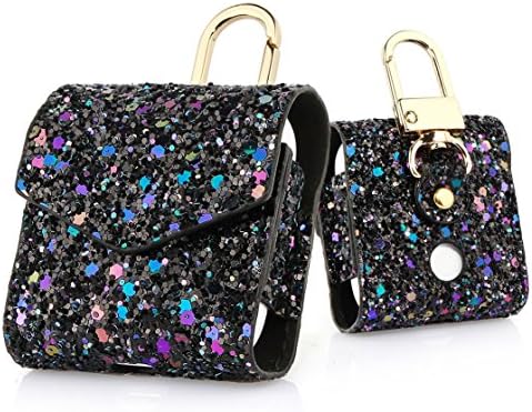 AirPods Case, Magnetic Closure Leather Cover with Anti-lost Keychain Glitter Bling Sparkle Leather Sleeve Skins Case for Apple AirPods Wireless Earphone (3D Glitter Black)