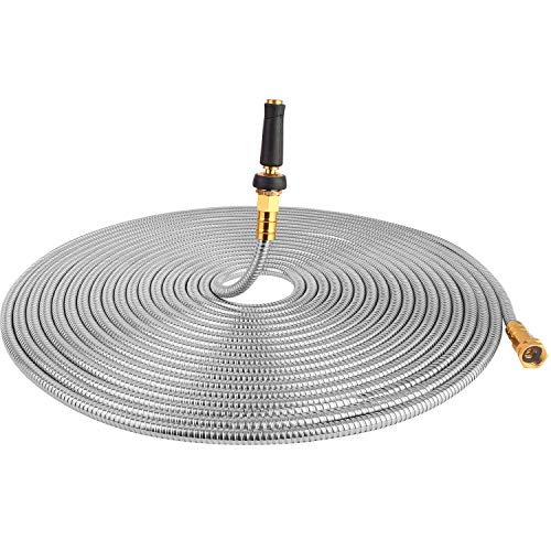TOUCH-RICH 304 Stainless Steel Garden Hose, Lightweight Metal Hose with Free Nozzle, Guaranteed Flexible and Kink Free (75FT, Stainless)