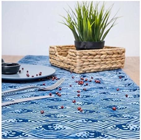 Homemade Navy Blue Japanese Great Wave Tapestry Table Runner Long