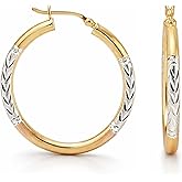 LeCalla 925 Sterling Silver Two-Tone Three-Tone Hoop Earrings | Round Shape Polished Italian Diamond-Cut Twisted Earring Hoops for Women