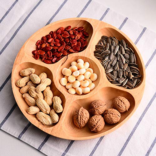 Best Wood Divided Serving Tray 11 inch Round Dessert Chip and Dip Dish Sandwich Appetizer Section Plates Compartment Cheese Platter