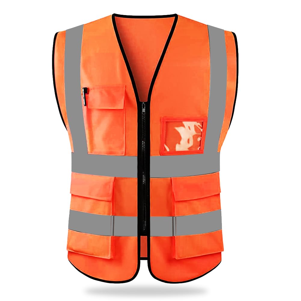 HYCOPROT Hi Vis Viz High Visibility Reflective Safety Vest Waistcoats Jacket Workwear Executive Zip 2 Band Security Mobile Phone Pocket (Orange, L)