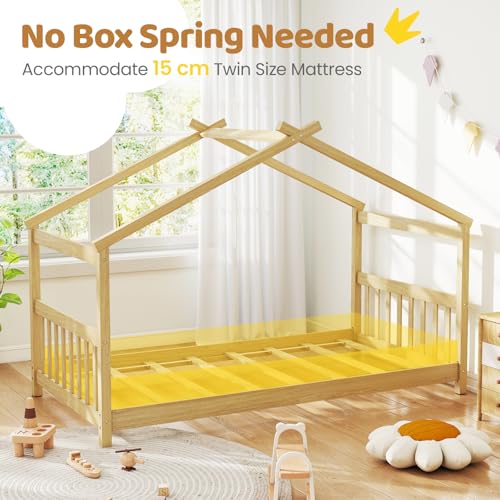 GORELAX Twin Bed Frame, Low Floor Kid House Bed with Roof, Montessori Floor Bed, Headboard & Footboard, No Box Spring Needed, Wood Twin Size Platform Bed Frame for Boys, Girls (Natural, Twin)
