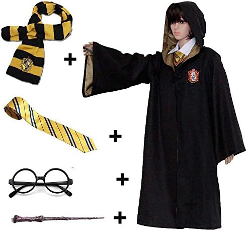 Osmanluer Adult Kids Ravenclaw Gryffindor Hufflepuff Slytherin Robe Cloak Wand Suit (M(Adult), Yellow)
