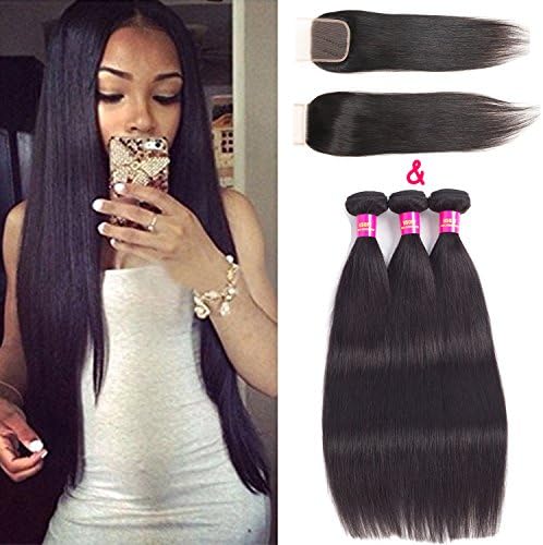 USOFT Straight Brazilian Virgin Human Hair 3 Bundles With Closure For Women Natural Color Remy Hair Weave Extension Soft and No Shedding(10" 12" 14"+10")