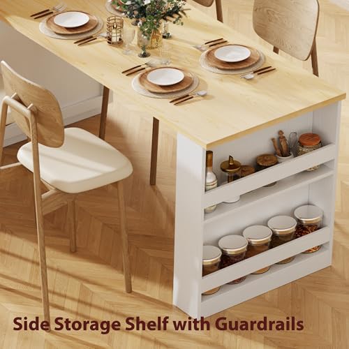 Merax 82.7" Kitchen Island with Extendable Dining Table for 4-6, with Storage, Charging Station, 2 Drawers & 2 Side Open Shelves for Dining Room House Bar, White Oak