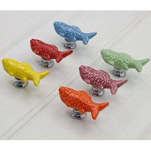 Fatcolo 6 Pcs Ceramic Fish Colorful Cartoon Cute Cabinet Knob