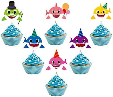 24 Pieces Cute Shark Cupcake Toppers (6 colors),Laughing Shark Cake Toppers Picks for Kids Birthday Party, Baby Shower Cake Decorations