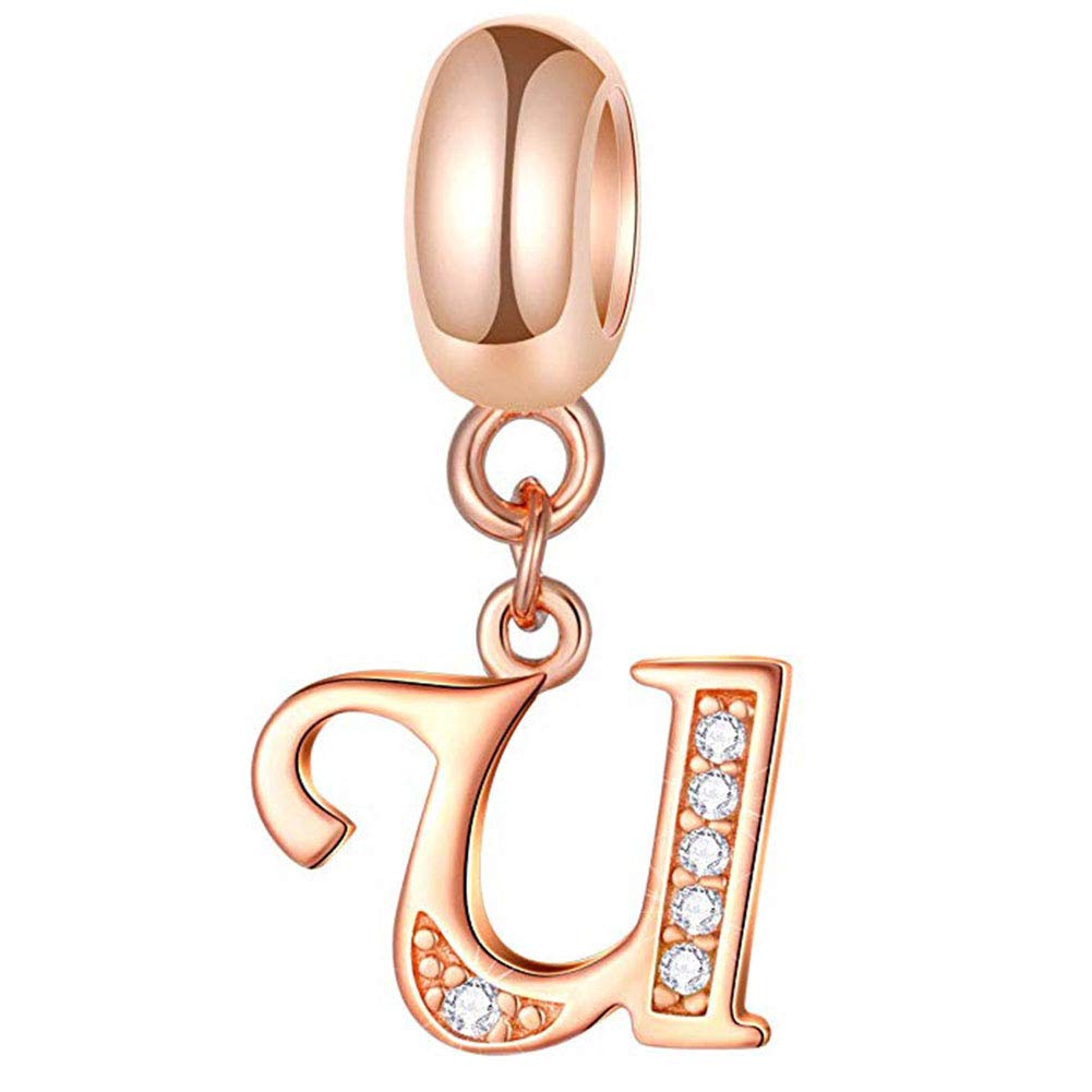 925 Sterling Silver Rose Gold Charm Alphabet Charm Love Charm Anniversary Charm Birthday Charm for Pandora Charm Bracelet (U)