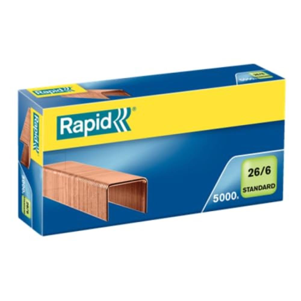 Rapid 26/6mm Standard Staples, For Stapling up to 20 Sheets, Use with Desktop and Electric Staplers, Copper Plated, Box of 5000, 24862100