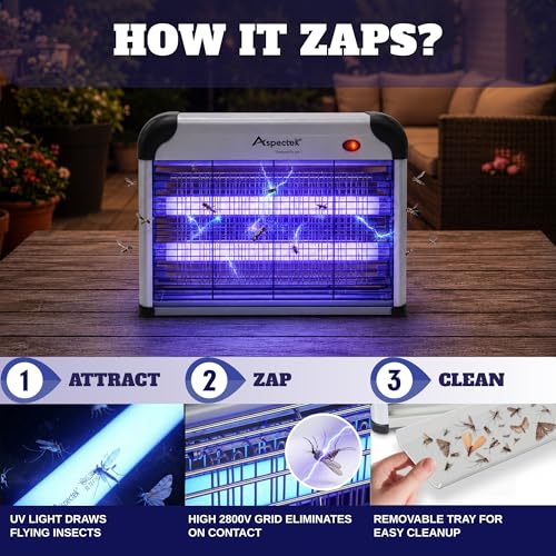 ASPECTEK Electric Bug Zapper, 20W UV Bulbs Mosquito, Fly, Gnat and Moth Control, Indoor and Covered Outdoor Use for Home, Garage, Patio and Farm, Includes 2 Replacement Bulbs