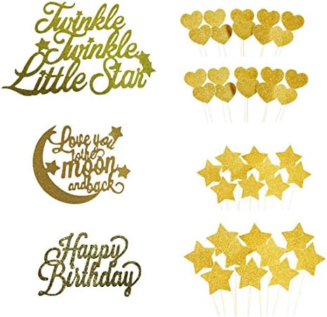 Cake Toppers Gold glitter letters “Happy Birthday" “Twinkle Twinkle Little Star” “Love you to the moon and back” “Gold stars and hearts” Party Decorations 43pc