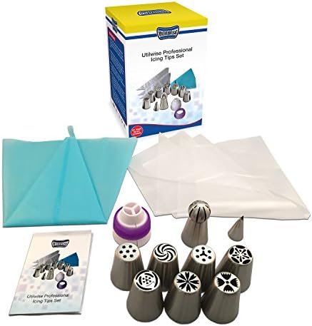 Utilwise Russian Piping Tips 14 PCS Set (7 Russian Tips, 1 Sphere Tip, 1 Leaf Tip, 1 Tri-Coupler, 1 Reusable Silicone Pastry Bag, 3 Disposable Pastry Bags Extra Large 304 Steel Instructions Included