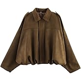 FARORO Women's Faux Suede Bomber Jacket, Oversized Zip Up Cropped Coat, Trendy Streetwear Outerwear for Spring Fall Winter