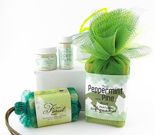 Equestrian Pine Goat Milk Soap Pack – One 7oz Peppermint &amp; Pine Horse Bar, one 4.5oz Forest Bar, one Travel Size Pine Laundry Soap, one Travel Size Pine Scent Puff