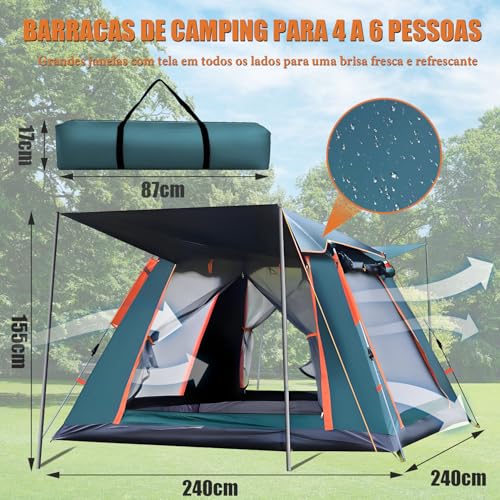 Tenda de Camping, 4-6 Pessoas Barraca de Camping Pop-up Automática, com 2 Janelas Mosquiteiro e Foyer Integrado, Barraca de Automática Tenda Dome, 240 x 240 x 155 cm