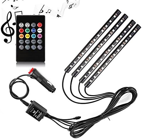 Car LED Strip Light, LLION 4pcs 48 LED DC 12V Multicolor Music Car Interior Light LED Under Dash Lighting Kit with Sound Active Function and Wireless Remote Control, Car Charger Included