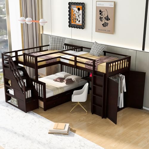 LShape Triple Bunk Beds with Stairs and Desk, Wood TwinOverFull Bunk