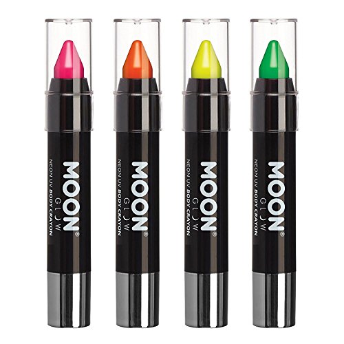 Moon Glow - Blacklight Neon Face Paint Stick/Body Crayon makeup for the Face & Body - Intense set of 4 colours - Glows brightly under blacklights