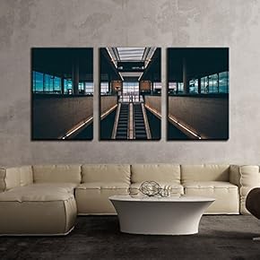 3 Piece Canvas Wall Art - Modern Architecture of Escalator in Subway System - Modern Home Art Stretched and Framed Ready to Hang - 16"x24"x3 Panels