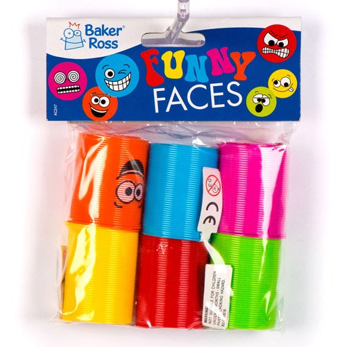 Baker Ross Funny Faces Mini Springs, Mini Plastic Coil Spring Toy for Kids Party Bag Favors (Pack of 6)