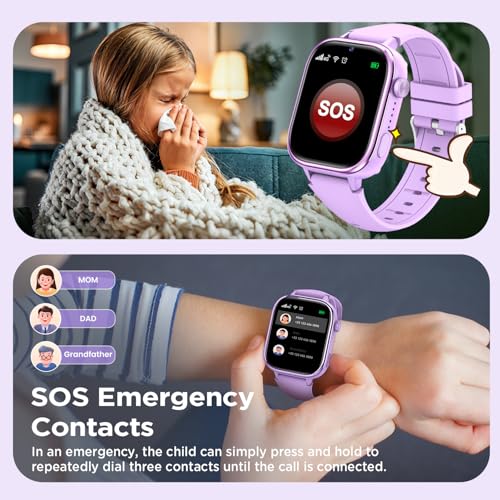 Nuevo 4G Reloj Inteligente Niño con Videollamada & GPS, Smartwatch Niños con SOS, Chat de Voz, Modo Escuela, Podómetro, Despertador, Monitor de Sueño IP68 Impermeable Regalo para Niños Niñas, Púrpura