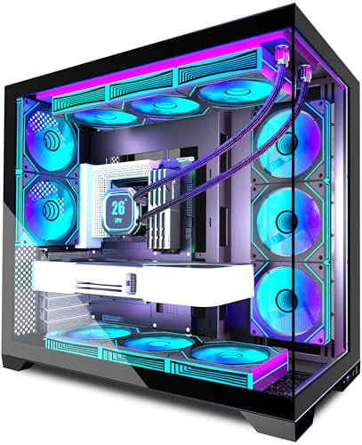 ANSAITE ATX PC-Gehäuse 9×120 mm ARGB PWM-Lüfter vorinstalliert ，Mid-Tower Gaming PC-Gehäuse, Panorama-Gehärtetes Glas Schwarz Computer-Gehäuse mit Typ-C, 360mm Radiator Unterstützung，H-D9 (Schwarz)