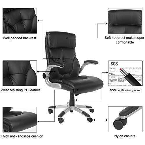 YAMASORO Ergonomic Executive Leather Office Chair High Back with Flip-Up Arms,Thick Headrest and Lumbar Support Black