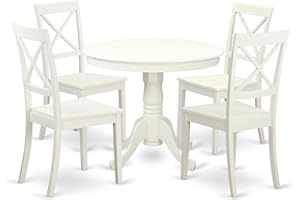 East West Furniture ANBO5-LWH-W 5 Piece Dinette Set for 4 Includes a Round Kitchen Table with Pedestal and 4 Dining Chairs, 36x36 Inch, Linen White