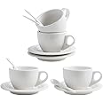 XUFENG 8oz Cappuccino Cups Set of 4 with Saucer White Porcelain for Latte, Mocha,Tea Espresso Cafe with Porcelain Spoon