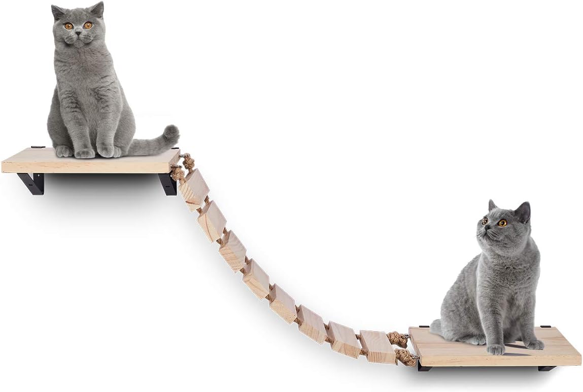 Purife Handcrafted Wooden Cat Wall Steps, Wall Mount Cat Perch Cat Climber Tree Shelf Cat Bridge Ladder Cat Post Cat Hammock Bed