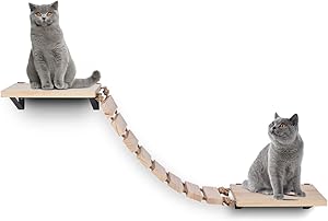 Purife Handcrafted Wooden Cat Wall Steps, Wall Mount Cat Perch Cat Climber Tree Shelf Cat Bridge Ladder Cat Post Cat Hammock Bed