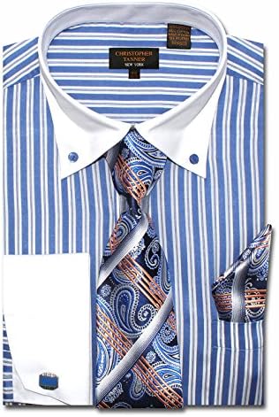 Christopher Tanner Men's Regular Fit Dress Shirts with Tie Hankerchief Cufflinks Combo Striped Pattern Button Down