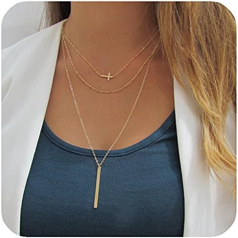 Apangu Layered Metal Choker Necklace Women Tassel Chain Tassel Chain Bar Cross Necklace Girl Jewelry