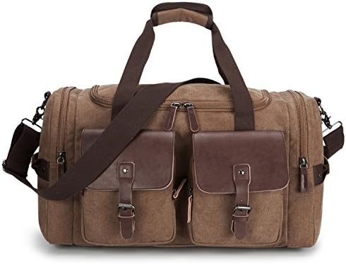 Leather Overnight Duffle Bag Canvas Travel Tote Duffel Weekend Bag Luggage (Coffee)