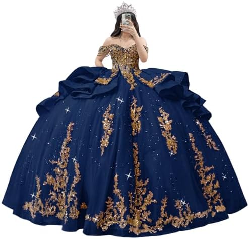 blue with gold quince dress Gold Applique Lace Sweet 16 Princess Evening Gown... From Bridaldressmall,  $180.91