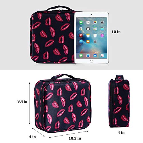 Goldwheat Portable Makeup Train Case Travel Cosmetic Bag Organizer with Removable Dividers Brush Holder Pocket for Makeup Artist-Red Lip Print