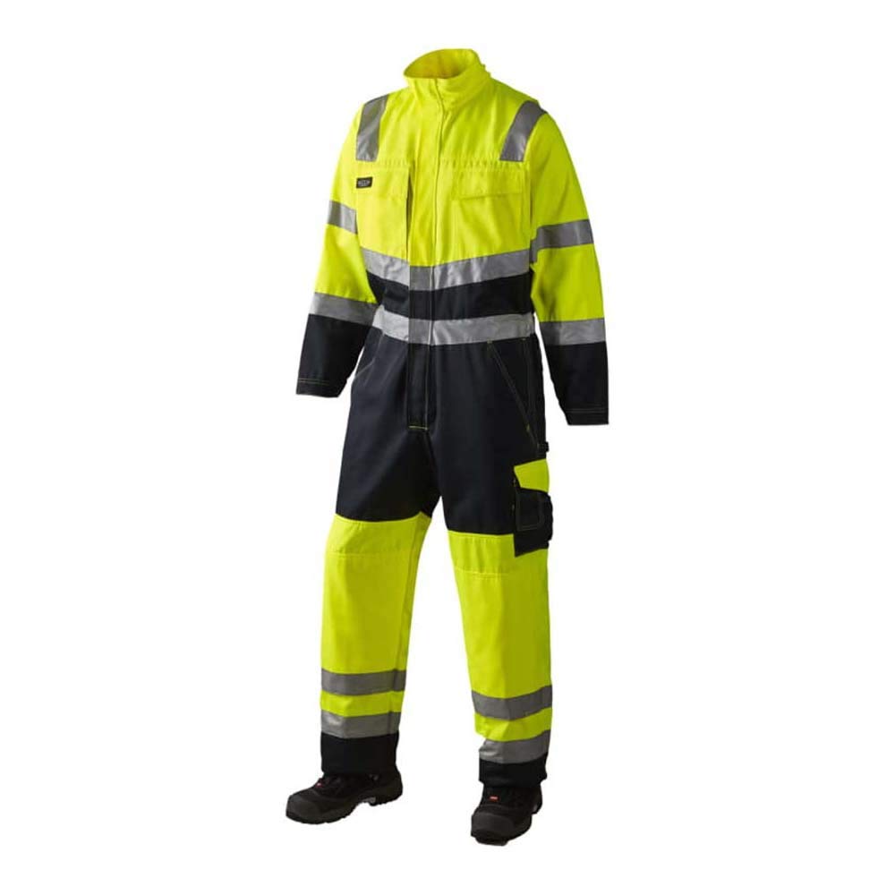 J.A.K. 111088503 Series 11108 70% Polyester/30% Cotton Work Suit, EN 20471, Class 3, Yellow/Navy, L Size, Yellow, Navy