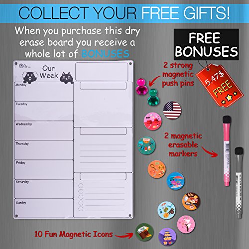 Dry Erase Weekly Magnetic Calendar Set - Whiteboard Planner for Refrigerator White Board Organizer Checklist & Message Board Attach to Fridge or Hang on Wall 17X13 inch With Markers Icons & Push Pins - Thumbnail 7