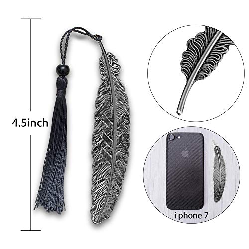 image for Dream Lin 7 Pieces Vintage Metal Feather Bookmarks with Tassels and Be