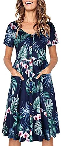 PEIZH Casual Women Printing Dress Short Sleeve V Neck Button Down Skater Dress Fashion with Pockets Dress